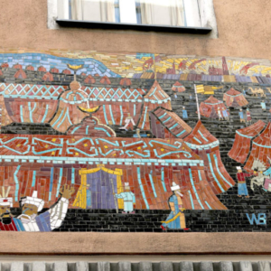 Mosaic “Zelt des Kara Mustapha” ('Tent of Kara Mustapha') by Walter Behrends commemorating the Second Siege installed in 1955 in Neustiftgasse 43. (Photo: Annika Kirbis)