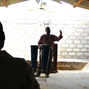 Pastor Isaak Yen at a Pentecostal church service, Nangodi, Ghana. (Photo: Elena Gadjanova)