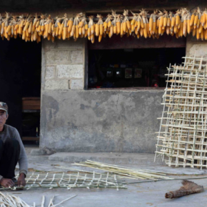 A local man intertwines split bamboo strips into a fence-like structure in front of a small shop outside his home. (Photo: Naomi Hellmann)